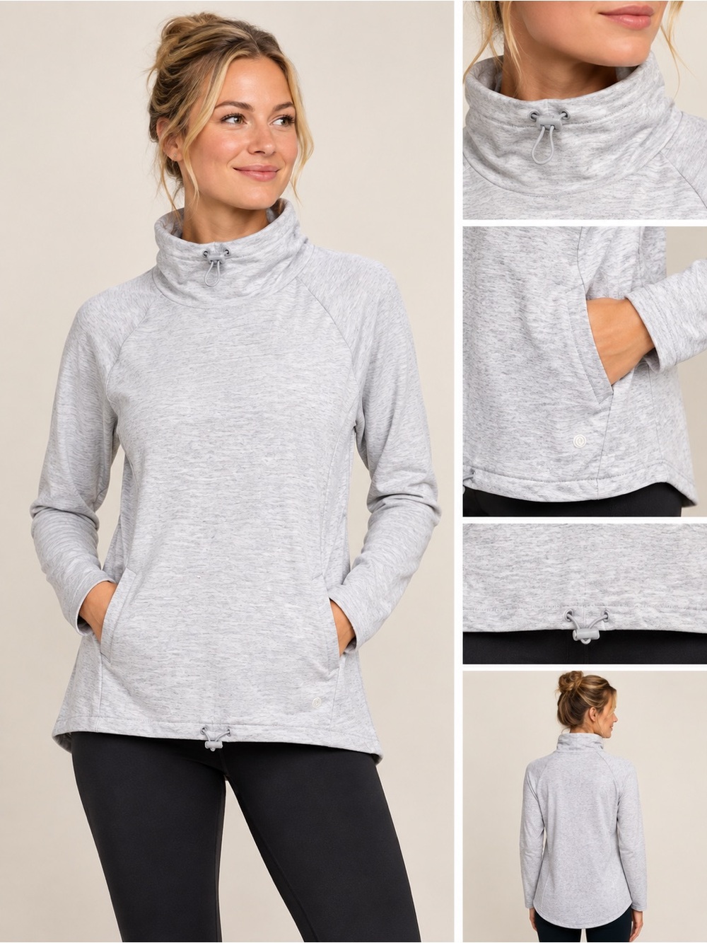 NWT Apana Light Gray/Blue Cowl Neck Yoga Pullover with Drawcord at Waist & Neck🧘